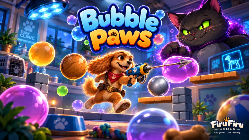Bubble Paws laboratuvarında Firu, kedi ve baloncuklar